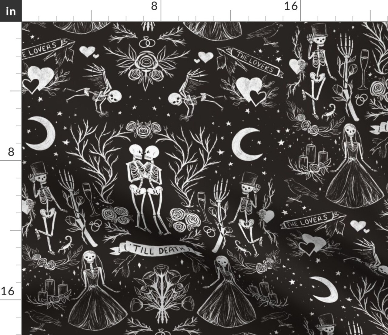 Death Gothic Halloween Black White Skeletons Wedding Lovers Groom Dark Custom Printed Fabric by Spoonflower Various Fabrics by the Yard or Fat Quarter